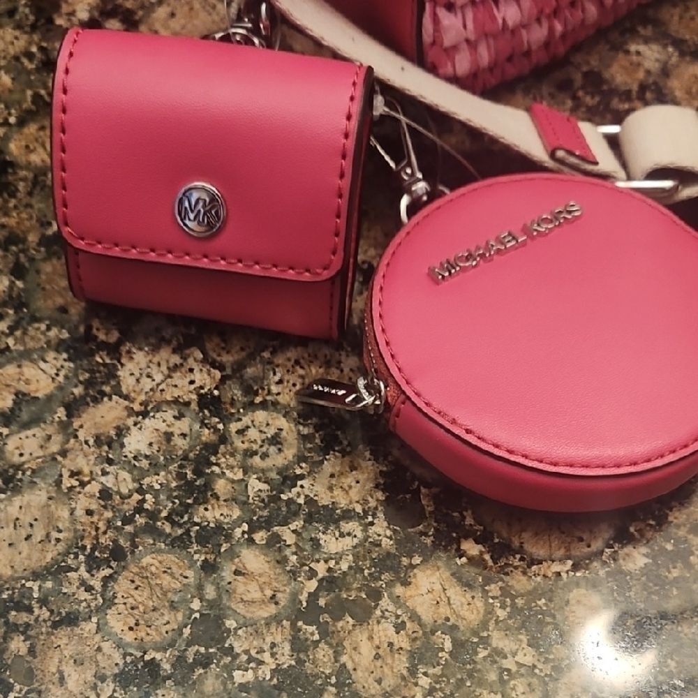 Michael Kors Pink and Cream Woven Crossbody Bag with Accessories - Picture 6 of 6